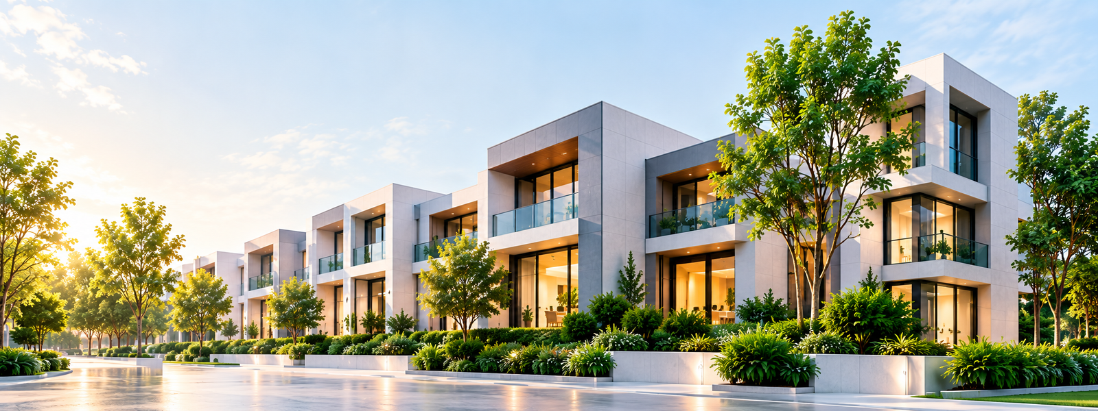 Modern RENUE FACILITIES townhouses with green landscaping